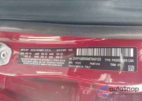 2021 Alfa Romeo Giulia Ti Sport Rwd из США, поврежденный, VIN ZARFAMBN9M7640105